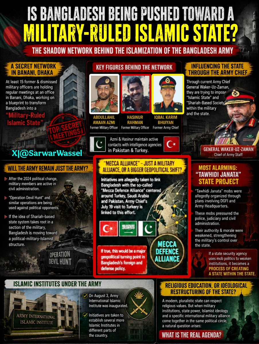 SarwarWassel's tweet photo. A Shadow Network Behind the Islamization of the Bangladesh Army

A new Military-Islamist network is allegedly emerging within Bangladesh’s State structure.
At least 15 former and dismissed Military officers reportedly meet in Banani,Dhaka, over plans to transform Bangladesh into a
“Military-Ruled #Islamic State.”
Former officers Abdullahil Amaan Azmi,Hasinur Rahman and former Army Chief Iqbal Karim Bhuiyan are reportedly linked to the network.

The group allegedly seeks influence through Army Chief Gen. Waker-Uz-Zaman to promote an “Islamic State” and “Shariah-Based Society,” while Azmi and Hasinur reportedly maintain contacts with Pakistani and Turkish intelligence.

“Mecca Alliance”-just a Military Alliance,or a broader Geopolitical shift❓
Initiatives were reportedly taken to link Bangladesh with the so-called “Mecca Defence Alliance,”
centered on #Turkey ,#SaudiArabia and #Pakistan.
Gen. Waker-Uz-Zaman’s July 19 Turkey visit has also been linked to the effort. If true, this could mark a major shift in Bangladesh’s foreign and defence policy.

With the alleged “Tawhidi Janata” mobilization,
military involvement in civilian administration,“Operation Devil Hunt,” and the Army International Islamic Institute,
the question is: Is Bangladesh facing a deeper military-Islamist restructuring of the State?

@avarakai @NepCorres @ajaykraina @LtGenDPPandey @TanushreePande @paulocasaca1 @CJBdingo25 @Theunk5555 @sanjoychakra @theAshleyMolly @IngloriousBhere @deepscribble @nidhisj2001 @Nationalist2575 @taskinakash71 @SURESHKUMA60267 @sidhant @UnSubtleDesi @cohhari3 @RDXThinksThat @MeghUpdates @rishibagree @FedericoHeuer @IndianSinghh @Black_Dragon123 @arnabnsg  @prasheverywhere @KanchanGupta