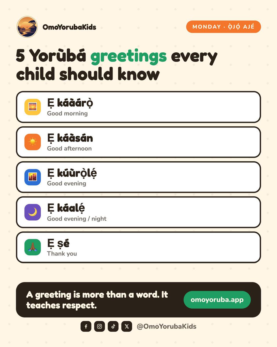 OmoYorubaKids's tweet photo. Ẹ káàárọ̀! 👋🏾

How many of these Yoruba greetings does your child know?

Language begins with the little things we say every day. 
Help your child learn Yoruba in a fun and engaging way with OmoYorubaKids.
 https://t.co/nfs3ATc4Jp

#OmoYorubaKids #LearnYoruba #YorubaKids https://t.co/YgeECj3S56