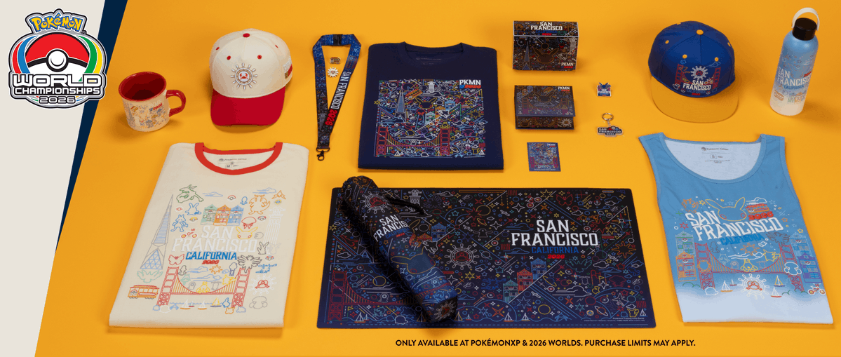 PokemonDealsTCG's tweet photo. Pokémon Worlds 2026 &amp; XP Merch Officially Revealed!💫

Available at the Pokémon Center Popup Store in San Francisco, August 26th - 30th

#Pokemon #PokemonTCG #PokemonWorlds https://t.co/AHCHWMVL4x