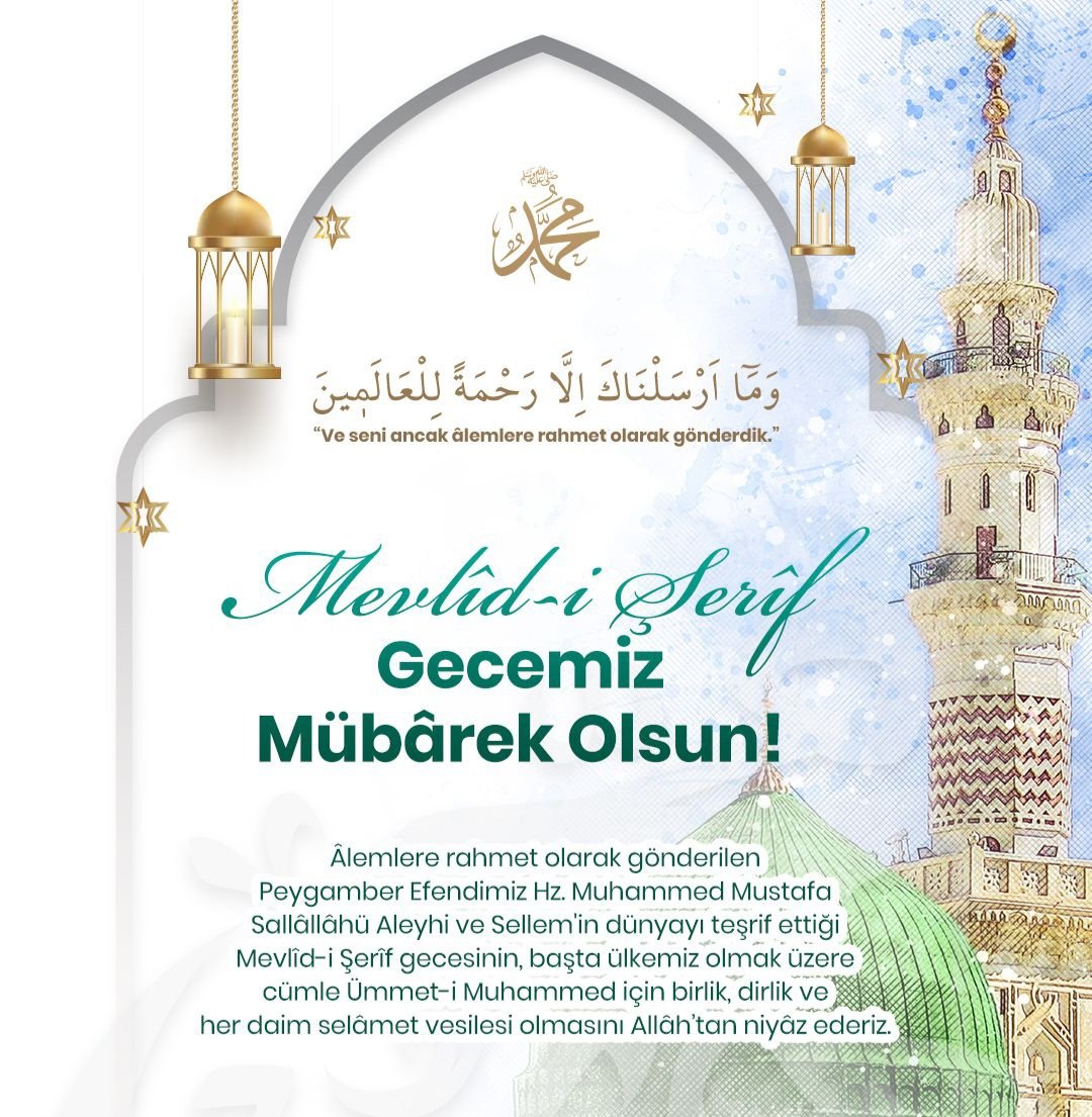 oflicakir_61's tweet photo. 🌙 Mevlîd-iGecemiz Mübârek Olsun!
Âlemlere rahmet olarak gönderilen Peygamber Efendimiz Hz. Muhammed Mustafa S.A.V dünyayı teşrif ettiği #MevlîdiŞerîf gecesinin, başta ülkemiz olmak üzere Ümmet-i Muhammed için birlik, dirlik ve selâmet vesilesi olmasını Allâh’tan niyâz ederiz. https://t.co/H9t7LGNCCD