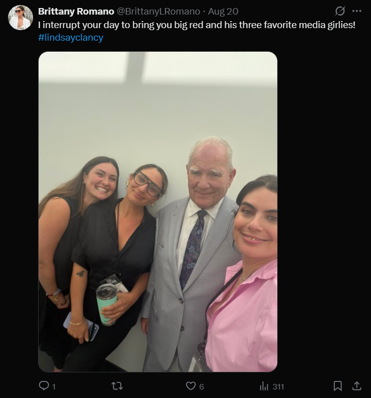 AbleAce's tweet photo. @jaybronious She's Brittany Romano, a writer for Glamour, Teen Vogue, etc.

No clue why she's front row at a murder trial playing diva. Bizarre. https://t.co/T3uBgTMJOB