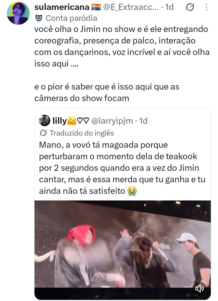thvnewl's tweet photo. I honestly hate having to make tweets like this, but the pure hypocrisy in this fandom has crossed every line! Major BTS fanbases stay dead silent without dropping a single statement, while this disgusting behavior from Jiminas is being completely romanticized all over the timeline

​This lack of respect is absolutely UNACCEPTABLE. Since when is seeing healthy, happy guys, interacting with each other on stage and trying to give their absolute best to the fans considered a problem? You guys are literally romanticizing mass hate trains against Taehyung, Seokjin, and Jungkook just because they’re actually enjoying the tour and having fun? Are you really that miserable?

​Apparently, for these Jiminas, a concert is only "good" when the members are collapsing from exhaustion on stage and needing oxygen masks from overexertion. Is THAT what you pray to see?

​Stop romanticizing this harassment and bitter behavior. What’s happening on stage is a group of healthy, happy guys enjoying their time with fans and each other. THAT is what’s making this tour so iconic and going viral for all the right reasons. If seeing them happy pisses you off this much, you're the problem. Get help and stop being so toxic