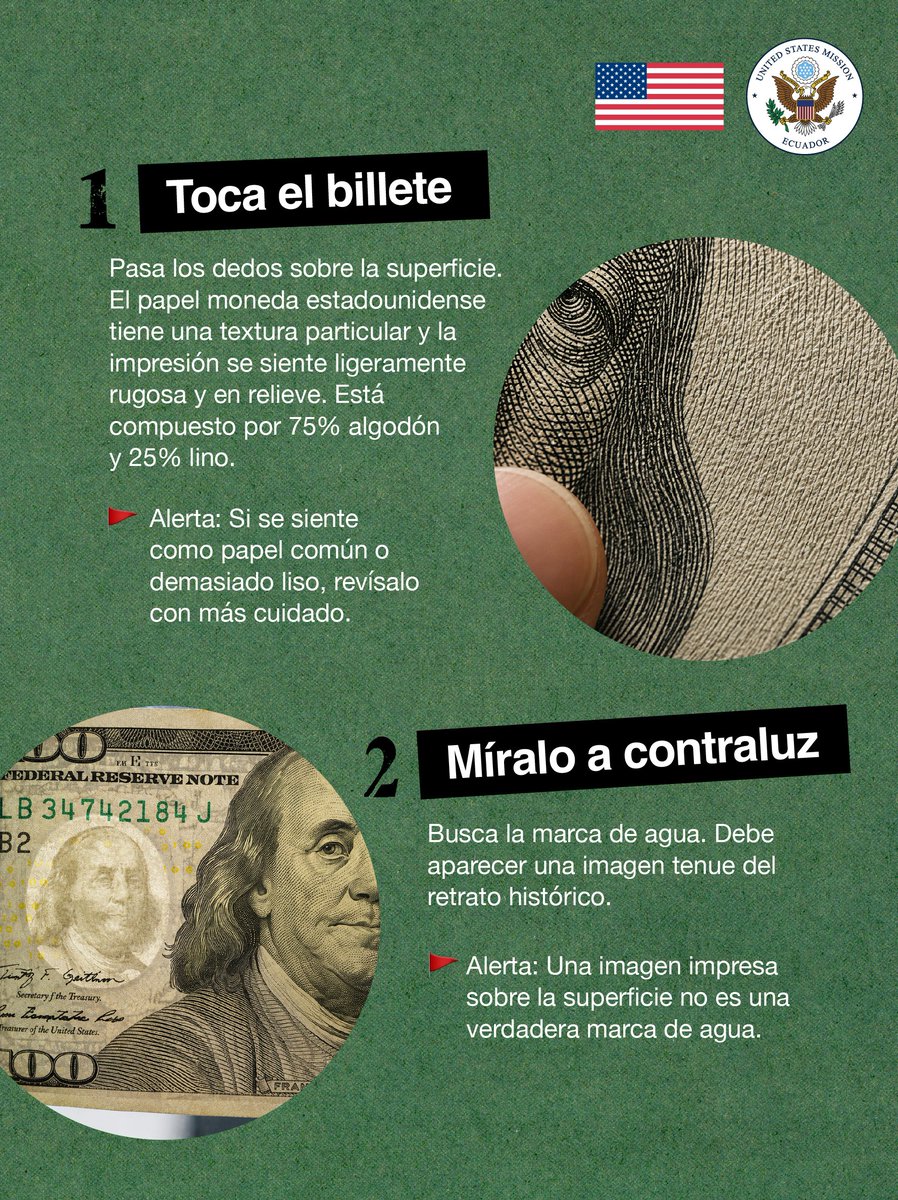USembassyEC's tweet photo. ¿Sabes cómo identificar un billete falso? 💵👀

Expertos del Servicio Secreto del gobierno estadounidense capacitaron a representantes del sector financiero público y privado en Quito, Guayaquil y Cuenca sobre técnicas para detectar billetes falsificados.

Esta cooperación fortalece las capacidades para prevenir este delito y refuerza la confianza en el uso del dólar estadounidense como moneda de curso legal en el Ecuador.

Tú también puedes volverte un experto para detectar billetes falsos en cinco pasos. Comparte o guarda esta publicación. 🔎