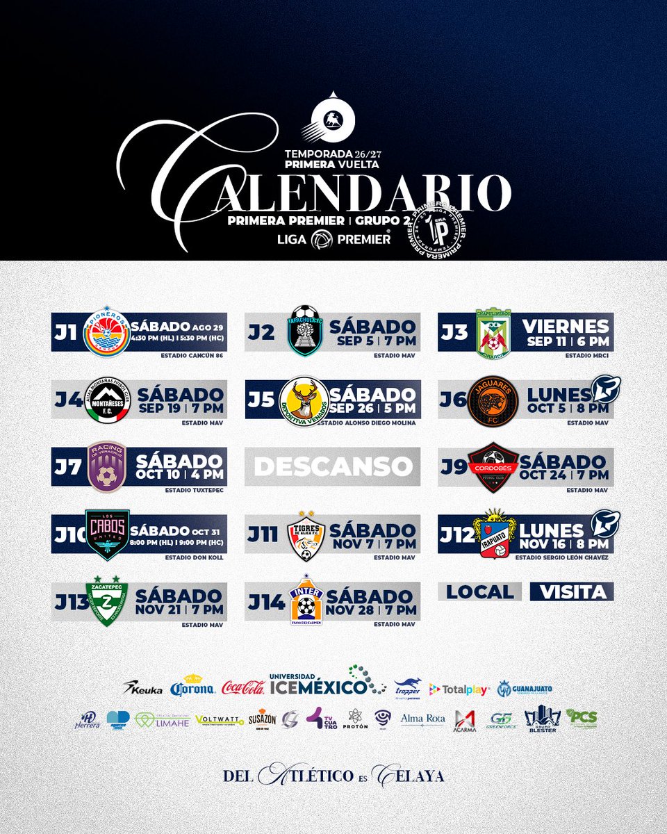 TorosCelayaCD's tweet photo. 🗓️ |¡𝒆𝒍 𝒄𝒂𝒍𝒆𝒏𝒅𝒂𝒓𝒊𝒐 de #LosTOROS! 💙🐂
¡Semana de partido en @LigaPremier_FMF! 🔛 y así disputarán Los TOROS del Atlético Celaya este nuevo torneo de #PrimeraPREMIER 🏆
Sigamos yendo TOROS JUNTOS 🤝
¡vamos, CELAYA! 💙
#CELAYAsomosCAMPEONES 🏆| #ModoAtlético https://t.co/oaSd8oZMOm