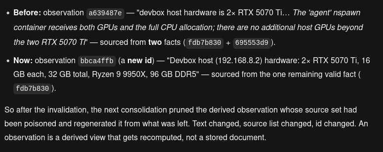 jspacesurfer's tweet photo. @VeritasForge_AI Here's an example of an observation when I tested the invalidation bug.

Before observation, it was based on two underlying facts, after invalidation, the observation changed ID, data, and was based on one automatically. https://t.co/QMU6ainjlg