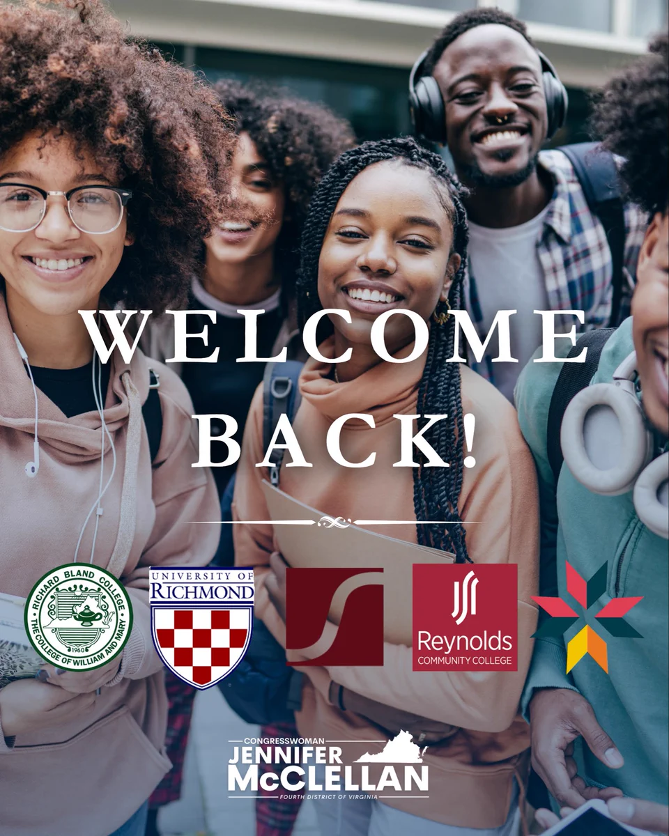 Image is a graphic of college students with school logos and text that reads, “WELCOME BACK!”
