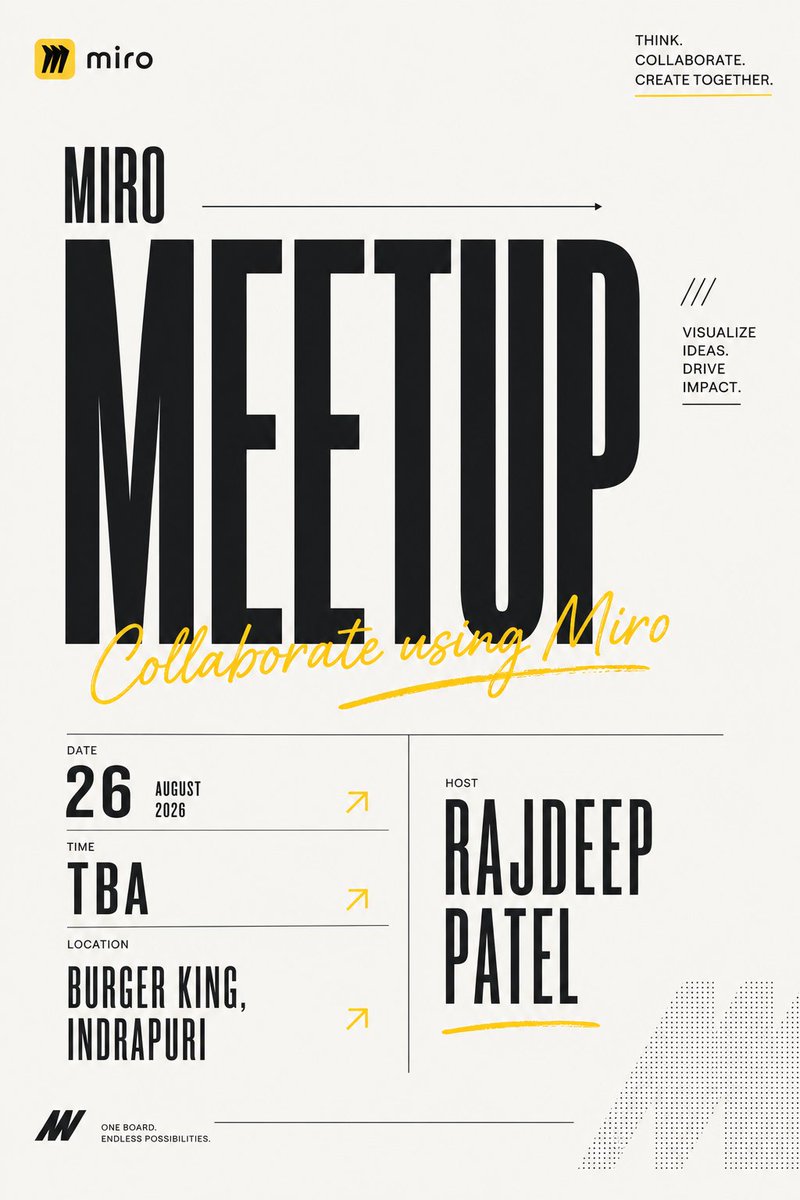 Rajdeep5085348's tweet photo. MIRO MEETUP 🟡✨

Bhopal, we’re meeting up! 👀

📅 26 August
⏰ 4:30 PM
📍 Burger King, Indrapuri
🎤 Hosted by Rajdeep Patel

Let’s connect, brainstorm &amp; collaborate using Miro. 🤝

🔗 Register: https://t.co/6U7aNcGxK3

See you there! 🚀

#Miro #MiroMeetup #Bhopal @MiroHQ https://t.co/HtYV2OncTP