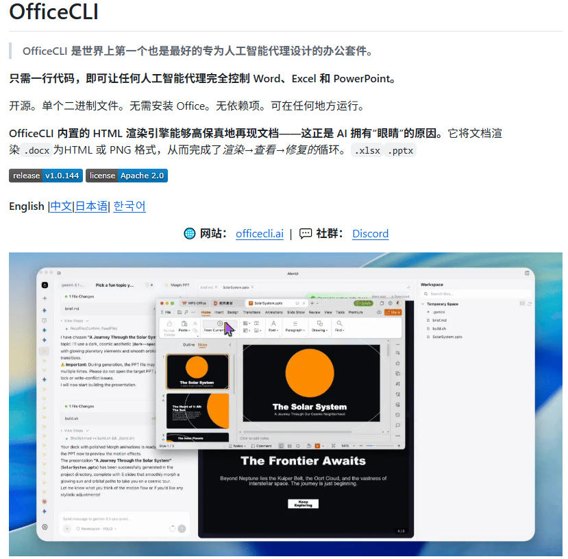 bkdgiffug's tweet photo. 做PPT、Excel、Word这些活儿，以后可能真不用你亲自上手了。

给大家挖到一个26k star的开源项目OfficeCLI，专门给AI agent用的。你让它生成文档，它是真能整出像模像样的东西，不是随便糊弄。

我觉得最绝的是这点：它能把文档渲染成图片，直接调动AI的视觉识别能力，自己审排版、审颜色、审字体，哪儿不顺眼改哪儿，来回迭代几轮，出来的效果就靠谱多了。相当于给AI装上了眼睛，边做边自己挑毛病。

一行命令就装好，扔给codex就行：
🔗 curl -fsSL https://t.co/lu5TCAaHvi
🔗 https://t.co/cDPfT3Apnx