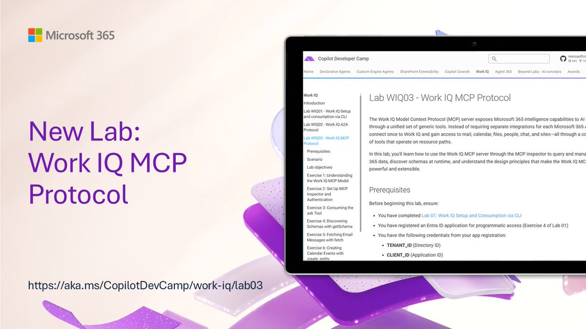 Microsoft365Dev's tweet photo. π New Lab Alert! Learn how to connect AI agents to Microsoft 365 organisational intelligence using the Model Context Protocol (MCP).
π Start the new lab here: https://t.co/qKxtU4d7OA
#WorkIQ #MCP #Microsoft365dev #CopilotDevCamp https://t.co/71144SNKIx