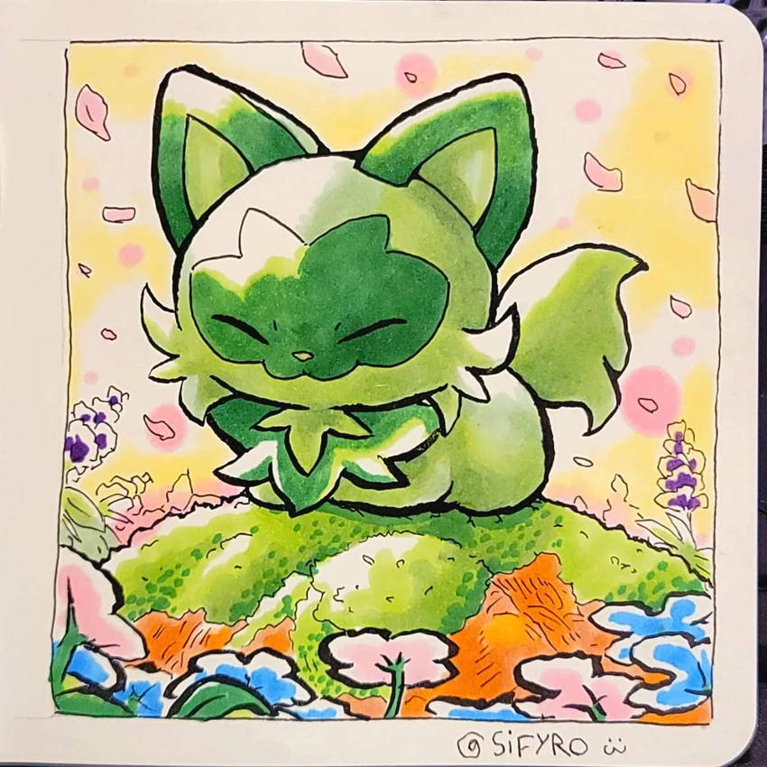 sifyro's tweet photo. Sprigatito cat loaf , colored with Copic markers https://t.co/sthQxdMTMD
