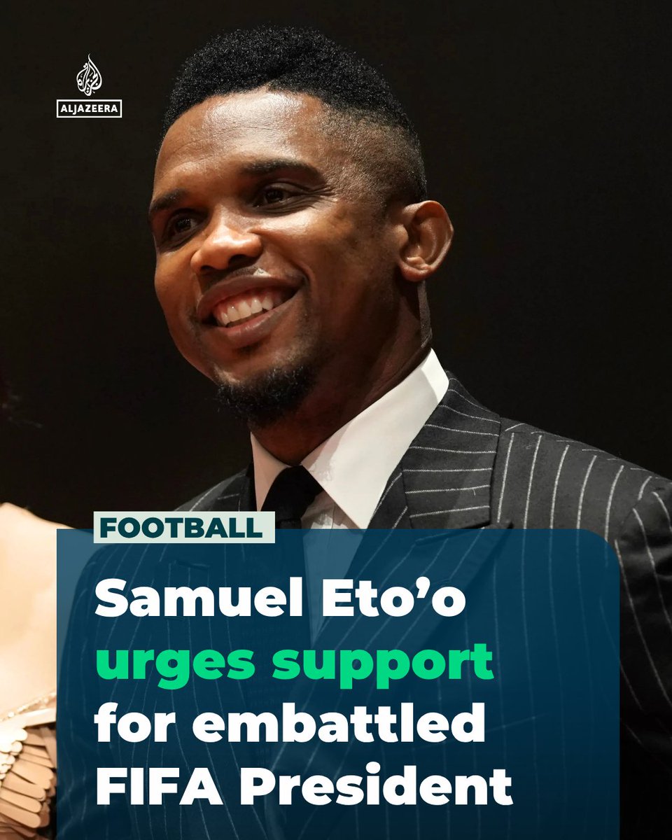 AJE_Sport's tweet photo. Former Cameroon star Samuel Eto’o has thrown his support behind FIFA's President Gianni Infantino saying he “hasn’t done anything wrong” despite facing mounting pressure to step down over a controversial World Cup selloff plan.

🔗 : https://t.co/4NF19pgenz https://t.co/szC9uTrnwN