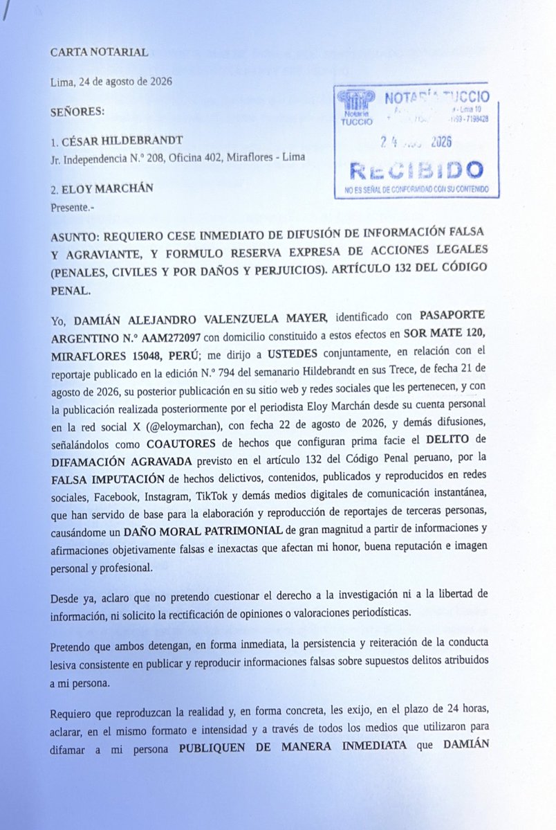 DavidTorresPeru's tweet photo. Por instrucciones de mi cliente Damián Valenzuela, cursamos CARTA NOTARIAL a César Hildebrandt y Eloy Marchán, quienes prima facie habrían cometido difamación agravada. Vencidos los plazos, iniciaremos querella penal en el Perú. https://t.co/H5BnmQs6qi