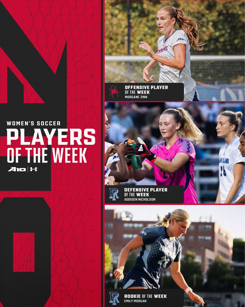 atlantic10's tweet photo. Two Rams and a Spider earn this week’s #A10WSOC Player of the Week Awards!

OFFENSE | Morgane Zinn, @SpiderSoccer 
DEFENSE | Addisen Nicholson, @rhodywsoc 
ROOKIE | Emily Morgan, @rhodywsoc 

#A10WSOC https://t.co/frAMN1KZhW