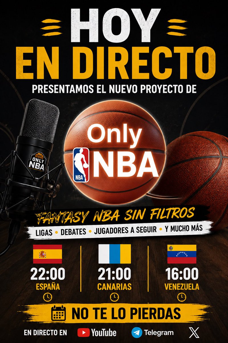 OnlyNBA_pod's tweet photo. Hoy dejamos de hacer Tic Tac 😂

Esta noche presentamos en directo el nuevo proyecto de Only NBA.

🇪🇸 22:00
🇮🇨 21:00
🇻🇪 16:00

Fantasy NBA, ligas, debates y alguna que otra locura.

Nos vemos esta noche 🎙️🏀 https://t.co/3tHAYfi7Nz