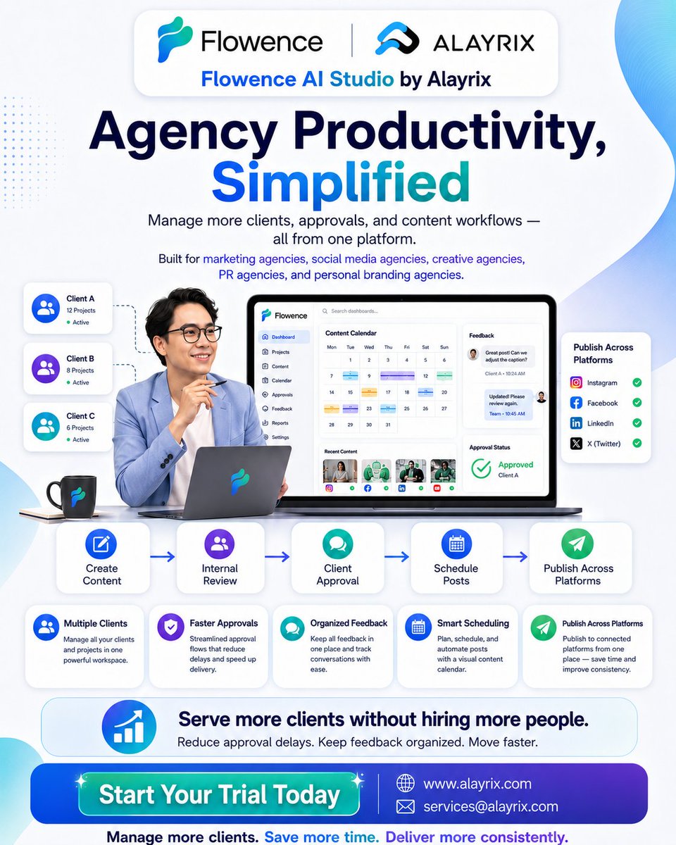 teamalayrix's tweet photo. Agency productivity, simplified.
Flowence AI Studio by Alayrix helps agencies manage clients, approvals, feedback, scheduling, and publishing from one platform.
Serve more clients. Save more time. Deliver more consistently.
https://t.co/CObs9KMZyH
#Flowence #AgencyProductivity https://t.co/fweD3DY1RS