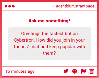 01AgentBlurr's tweet photo. Hmm I never really thought about my social life before, of course when I was a racer I was incredibly popular through fans but after becoming an Agent, most bots say I've become a little socially inept since I spent stellar cycles alone on missions. https://t.co/Fl8W5wWkai