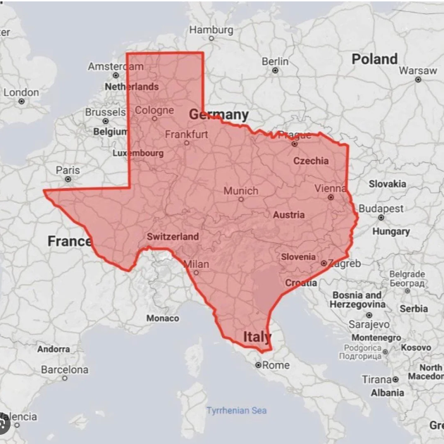 yonataalm's tweet photo. Texas looks significantly more modest in size over Southern Europe than over Central Europe. https://t.co/7Dihpdm7f8