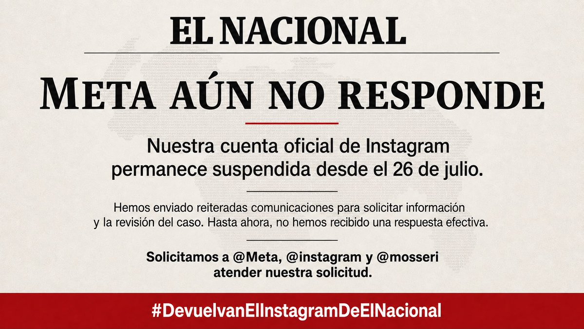 Ewalds6's tweet photo. Hace semanas Instagram nos tumbó la cuenta de @armandoinfo por 12 días, a raíz de un reclamo infundado de infracción de copyright, reclamos que ahora los enemigos de la libertad de prensa instrumentalizan para acallar a quienes los investigan.

Por eso entendemos muy bien el tormento que El Nacional ahora enfrenta, agravado por el silencio imperial de Meta.

Ante esta situación que se ha prolongado demasiado, expresamos nuestra solidaridad con El Nacional.