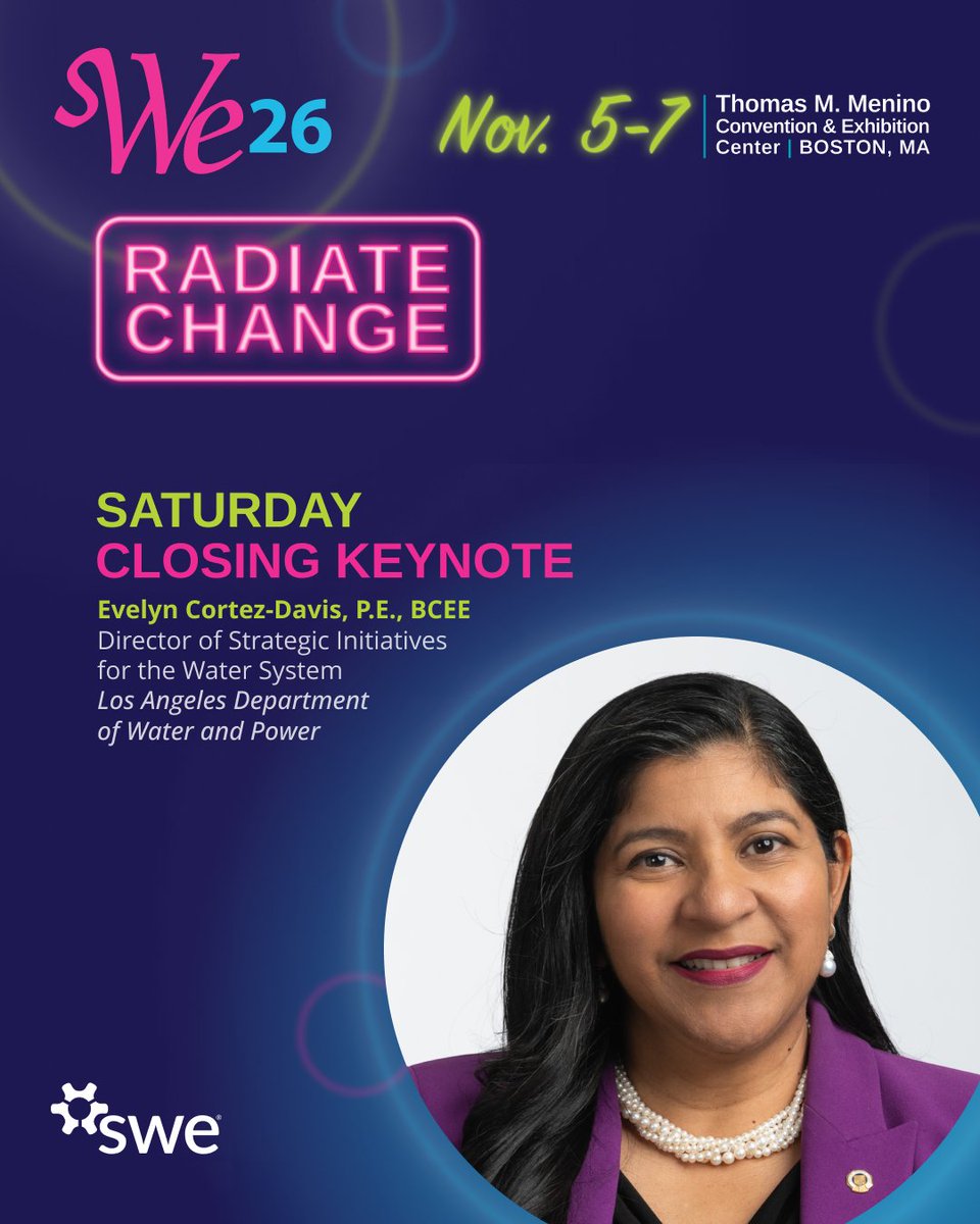 SWEtalk's tweet photo. Evelyn Cortez-Davis, P.E., BCEE, is joining #WE26 as our Closing Keynote speaker!

With 30+ years in the water industry, Evelyn brings decades of engineering &amp; leadership experience to the WE26 stage.

Join us Saturday, Nov. 7, in Boston: https://t.co/OawZ5fJURa

#RadiateChange https://t.co/gxAGp8X0Fy