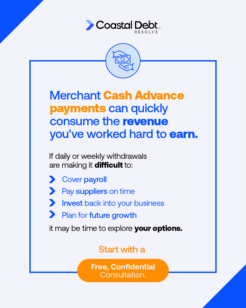 Coastal_Debt's tweet photo. Cash flow challenges don't always mean your business is failing,they can be the result of commercial financing arrangements that no longer fit your needs.
If Merchant Cash Advance (MCA) payments are limiting your ability to operate, understanding your options is the first step.
At Coastal Debt Resolve, we work with business owners to explore personalized approaches for addressing MCA debt and regaining operational stability.

Start with a free, confidential business debt assessment.
https://t.co/zVYDK5nINO

#MerchantCashAdvance #MCADebtRelief #BusinessDebtRelief #BusinessDebtSolutions #CashFlowManagement #SmallBusiness #SmallBusinessOwner #BusinessFinance #WorkingCapital #DebtResolution #FinancialStability #CoastalDebtResolve

Results vary based on business circumstances and creditor participation. Coastal Debt Resolve is not a law firm, and these materials do not constitute legal, financial, or professional advice. Services provided exclusively for businesses. Not consumer or personal debt relief. Debt resolution outcomes are not guaranteed.
