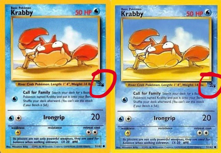 PokeCardStop's tweet photo. Because vintage Pokémon cards are currently all the rage, I wanted to take a moment to document and share some of the most expensive, and easy to miss, error cards you should be on the lookout for!

This way, the next time you’re looking through the bulk bin at your local card shop, you can keep an eye out for any hidden treasures!

Error cards are cards that suffered some kind of printing error and were mistakenly released to the public. Because of this, they’re often more rare and highly sought after by error collectors.

During the Wizards of the Coast (WOTC) era (1999-2003), these errors were heavily abundant! This list is merely the tip of the iceberg for those interested in collecting error cards.

For this list, there were three pieces of criteria that I used to qualify what cards I’d cover:

1. The error had to be somewhat subtle (AKA easy to miss)
2. The error had to significantly change the price of the card from its non-error counterpart
3. The error had to be from the WOTC era

Picture 1 depicts what is known as the “slash” error. From the Fossil set, some unlimited Krabby cards had this ‘slash’ that came across the Fossil symbol. 

Unlimited Krabby cards from the Fossil set are typically priced anywhere from $1-2. However, a slash error Krabby, in good condition, can sometimes fetch prices of over $100!

Picture 2 shows off what’s known as the Wartortle Evolution error, or Evolution Box error. Some versions of the unlimited Wartortle from Base Set mistakenly have Wartortle itself printed in the evolution box in the top left (as opposed to Squirtle). It’s as if Wartortle evolved from itself.

Unlimited versions of the Base Set Wartortle typically sell for around $1-5. The Evolution error Wartortle have a number of listings that are priced around to above $100!

Picture 3 shows off what’s referred to as the No Damage Ninetales error. A very rare error, where mistakenly, the “80” damage indicator is missing from the Fire Blast attack. 

This error, once again, is incredibly rare. It’s only observed on copies of Shadowless Nintales. The typical Shadowless Nintales has sales ranging from $40-100 based on condition. The error version has listings of over $700!

Finally, Picture 4 shows off what is referred to as the no-holo error Dark Dragonite from Team Rocket. This is one of my personal favorites. As many vintage fans know well, rare cards were often printed twice; as the holo and non-holo versions. The holo version of Dark Dragonite is 5/82 in the set, while the non-holo version is 22/82 in the set.

However, a rare error version for both the Unlimited and 1st edition printing has some Dark Dragonites, 5/82, printed without any holofoil at all. Again, unless you’re looking closely, this is an easy error to miss.

The holo, non-error version of Dark Dragonite may go for somewhere between $40-200 depending on condition, and even higher for a 1st edition copy. The error version, even in poor condition, often times is sold for $400 plus!

So, the next time you sift through someone’s vintage binder, or flip through the bulk bin at your local card shop, remember to keep an eye out for any easy to miss error cards!