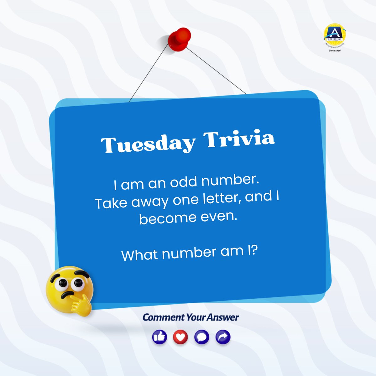 accessiblepl's tweet photo. I am an odd number.
Take away one letter, and I become even.

What number am I?

Drop your answer below!

#Trivia #TuesdayTrivia #comments #oddnumber #accessiblepublishers #riddle https://t.co/vfnR5EVZsP