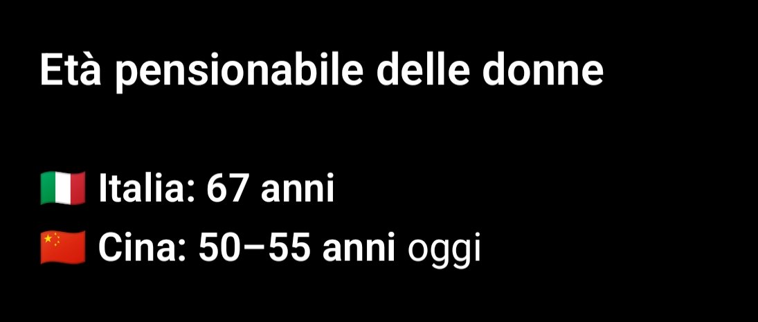 ASSALT0ALCIEL0's tweet photo. @nic94817 @Sofia_Phobia Average donna italiana va in pensione 17 anni dopo una donna cinese.

(I liberali del cazzo si scordano sempre che il loro sistema schiavizza gli anziani quasi-settantenni, quando dicono che in Cina lavorano molto di più) https://t.co/M9rA09ZnyZ