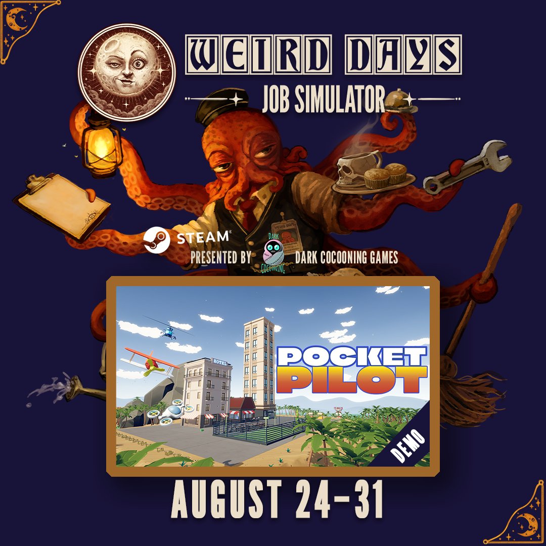 VSVirtualStyle's tweet photo. Attention pilots! βοΈ Pocket Pilot is featured in Weird Days: Job Simulator 2026 (Aug 24-31)!
βTry the FREE DEMO on Steam now! Fly planes, helis & drones to clean the island. ππ§Ή
β#WeirdDays #WeirdDaysJobSimulator2026 #PocketPilot #Steam #IndieGame https://t.co/emQE4BET0U
