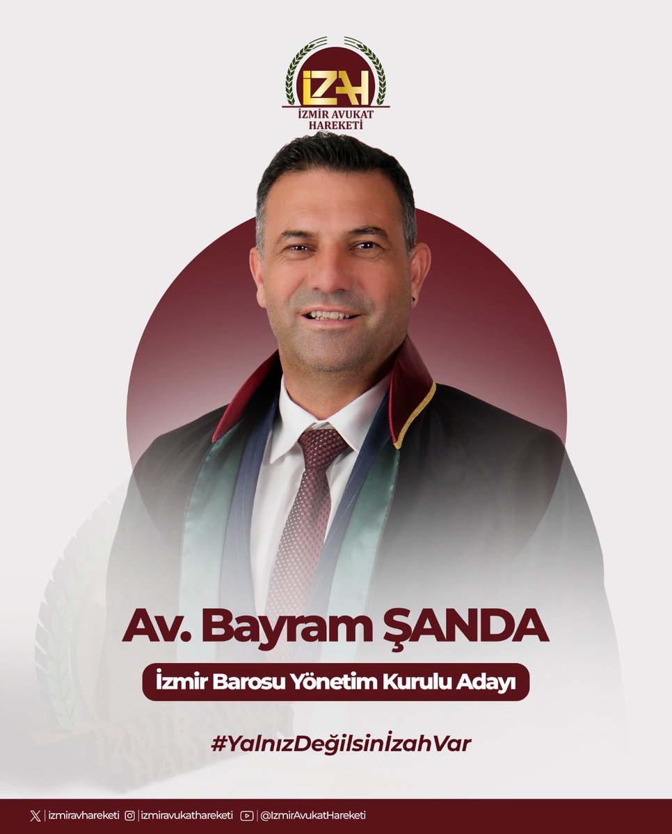 izmiravhareketi's tweet photo. İzmir Avukat Hareketi İzmir Barosu Yönetim Kurulu Adayımız: Av. Bayram ŞANDA

2004 yılından bu yana İzmir Barosu’na kayıtlı meslektaşımız Av. Bayram ŞANDA, bugüne kadar İzmir Barosu bünyesindeki İş Hukuku Komisyonu başta olmak üzere çeşitli komisyonlarda aktif görevler almış, toplumsal davalarda gönüllü avukatlık yapmıştır.

Mesleki dayanışmanın ve adaletin her koşulda savunulması gayesiyle Av. Bayram ŞANDA, İzmir Barosu Yönetim Kurulu üyeliğine adayımızdır.

Ortak mücadelemizi büyütmek, mesleğimizin geleceğini birlikte inşa etmek için geliyoruz.

#YalnızDeğilsinizİzahVar #İzmirAvukatHareketi #İzmirBarosu #TBB