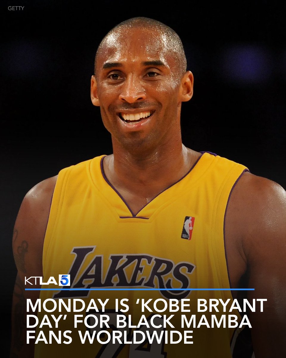 KTLA's tweet photo. Tributes are pouring in from across the globe on Sunday and Monday – Kobe Bryant’s birthday and the now-famous “Kobe Bryant Day” that incorporates both of his jersey numbers during his time with the Los Angeles Lakers. https://t.co/JDrxiQxDZX https://t.co/XahJruPYbu