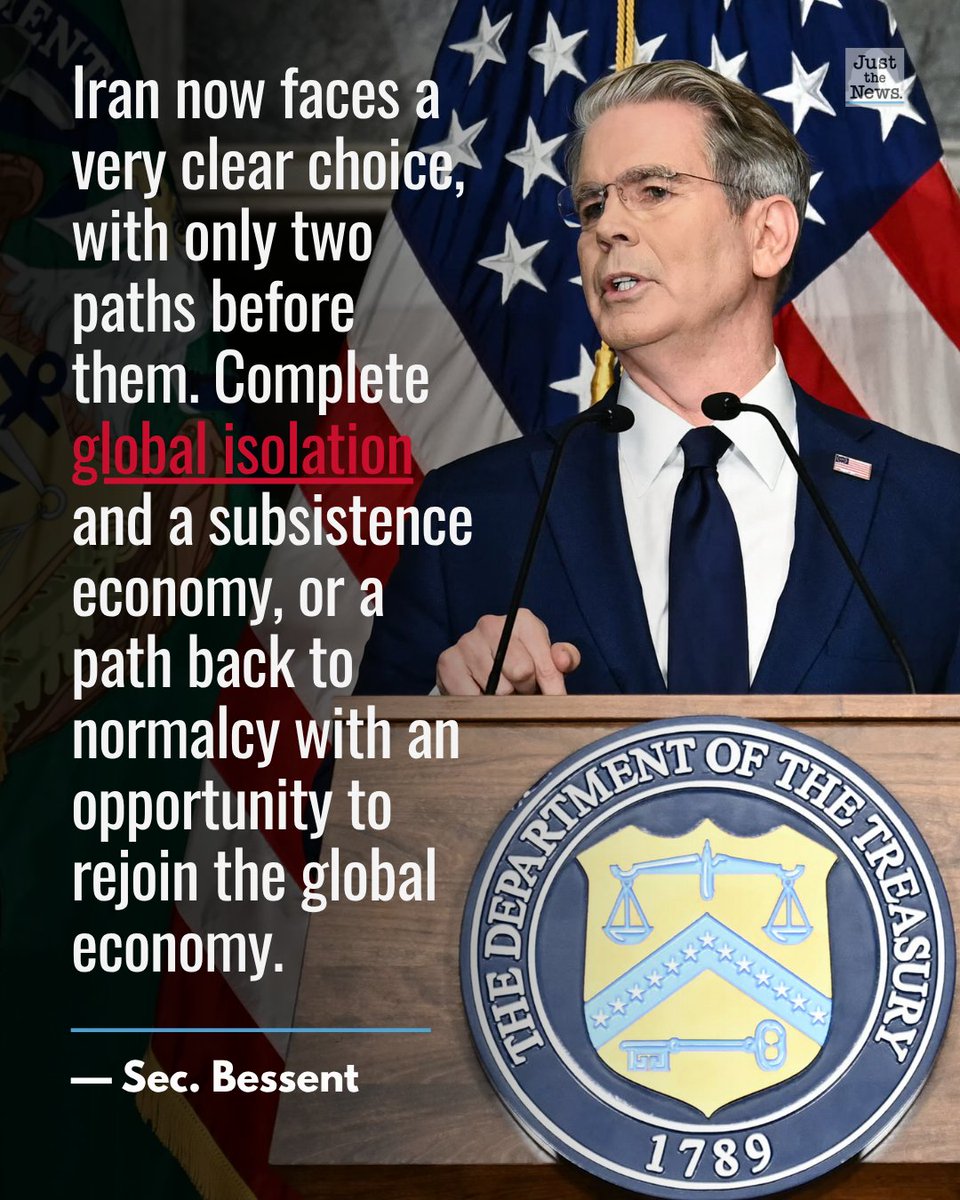 JustTheNews's tweet photo. 🚨BREAKING: Secretary Scott Bessent announces Operation Economic Outcast. The U.S. will impose expanded sanctions on countries and entities doing business with Iran, calling the campaign an “economic D-Day.”

Bessent warned that any economic engagement with Iran’s regime will expose those involved to the “full reach of American power.”

The expanded sanctions are intended to increase pressure on Tehran as the U.S. remains in a “no war, no deal” limbo. U.S. officials say the measures could remain the primary tool against Iran until at least after the midterm elections.

Iran’s economy is already under severe strain, with the rial falling to a record 2 million rials per U.S. dollar Monday and inflation driving up the cost of food and other basic goods.