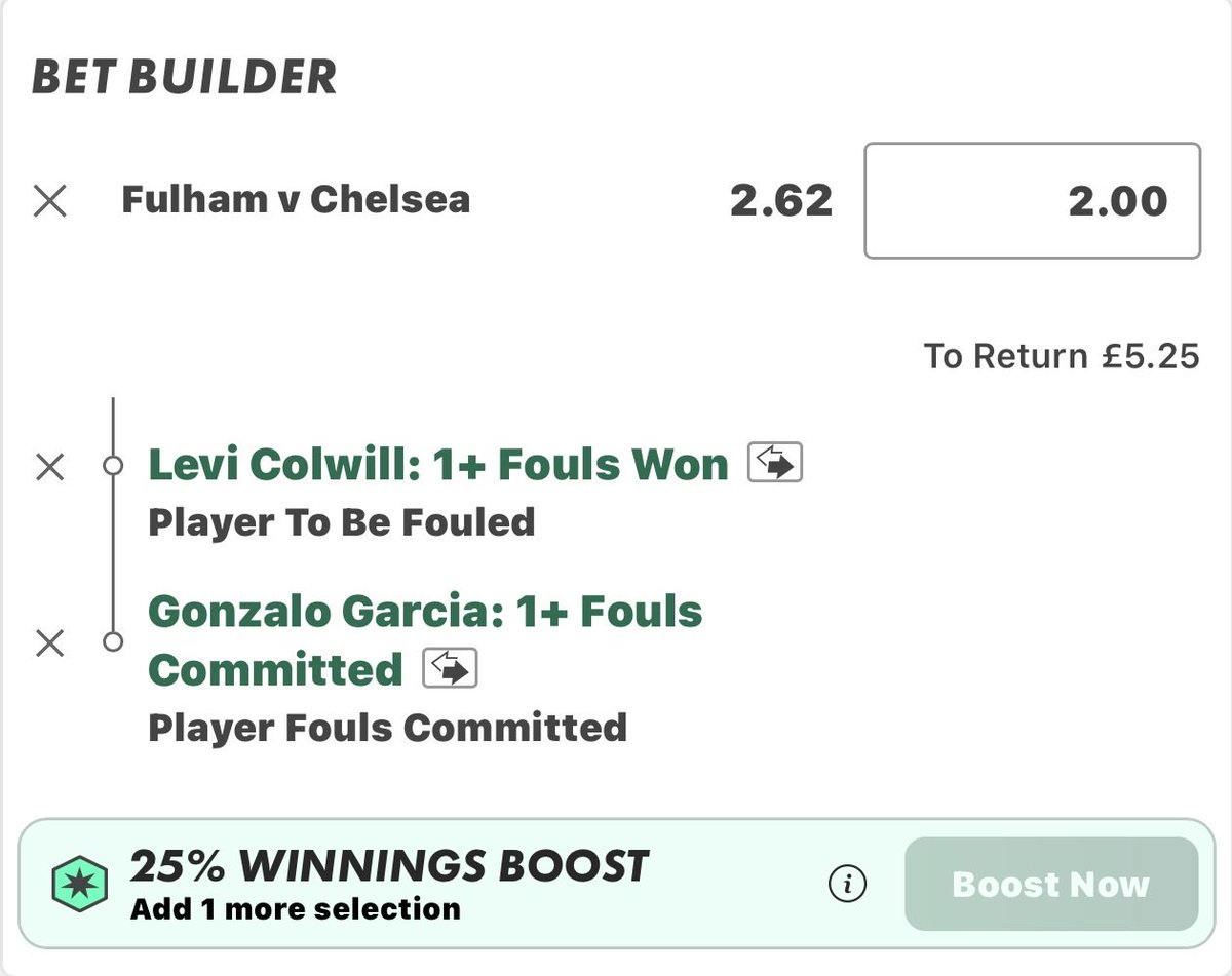 ArvoTips's tweet photo. ⚽️Fulham V Chelsea Bet Ladder🪜

📚 Bet365

2 units @ 2.62 
0.5 units @ 15.0
0.25 units @ 91.0

Looks too big of a price here! https://t.co/RDdmhzwJFR