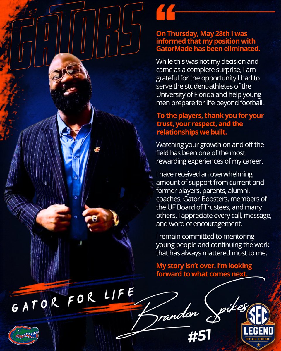 brandonspikes55's tweet photo. This post took me a minute.

Not because I didn’t know what to say, but because this chapter meant so much to me.

I’ve always tried to pour into people the way others poured into me. That won’t change.

Thankful for the memories, proud of the relationships, and excited for what’s next.

Gator for Life. 🐊 #GoGators