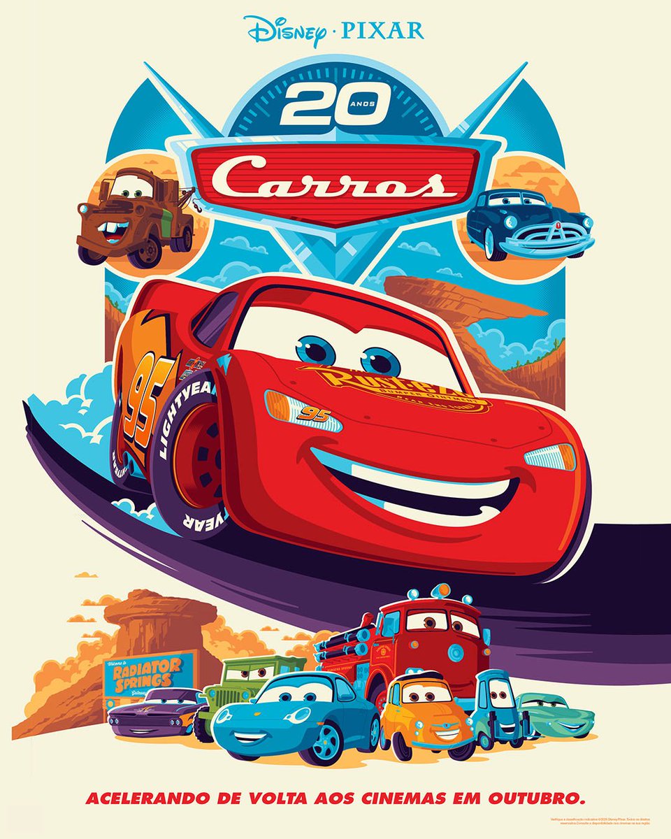 almanaquedisney's tweet photo. KATCHAU! Pôster oficial do relançamento de ‘Carros’ nos cinemas brasileiros. O filme da Pixar retorna às telonas em 8 de outubro para comemorar seus 20 anos de lançamento. https://t.co/5iYJEotJdc