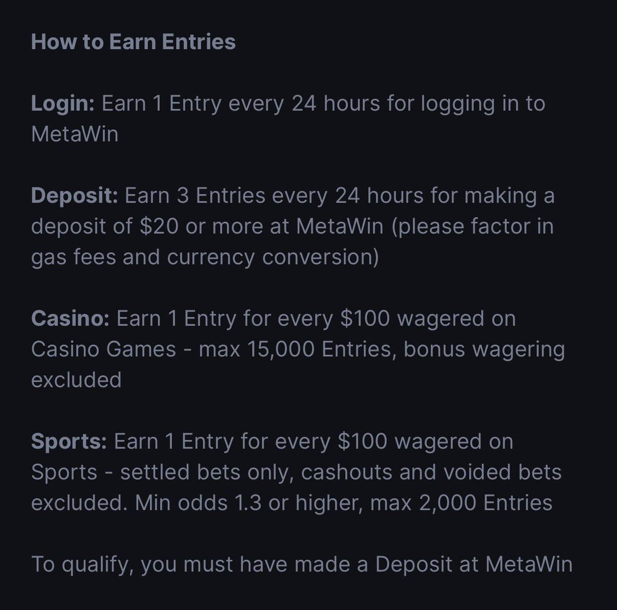 Geppetto_88's tweet photo. All of you should go grab your free tickets to win $250k

If you deposit on @MetaWin right now you get to enter to win their $250k raffle this week for FREE

Then everytime you login after that you earn more entries

That’s a legitimate free chance to win $250k… Make sure you go take advantage

Comment your wallet, I’ll giveaway one $250 to another one of you