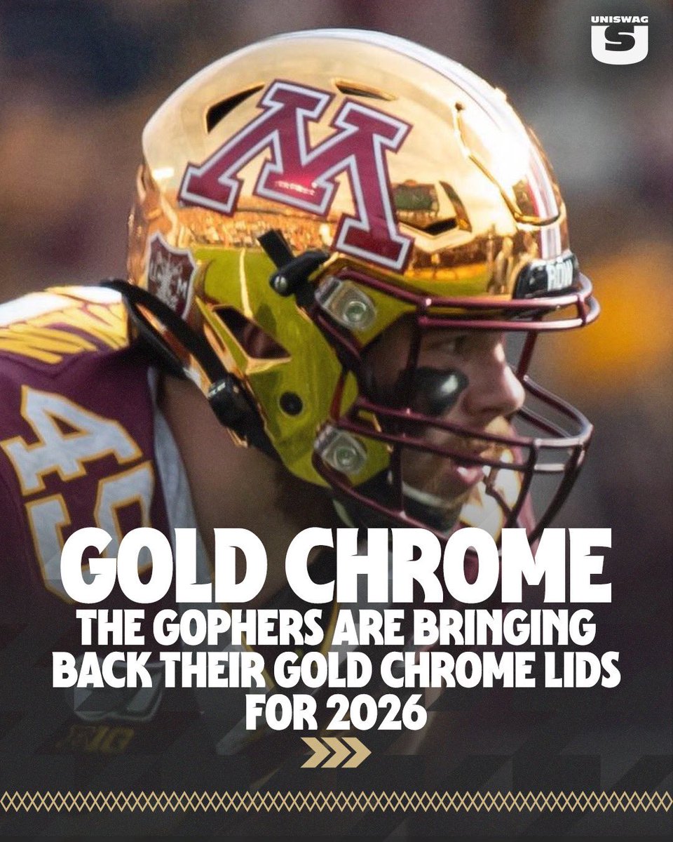 UNISWAG's tweet photo. The Gold Chrome lids are officially back for @GopherFootball this season.

#uniswag https://t.co/7ZyRNxdVjY