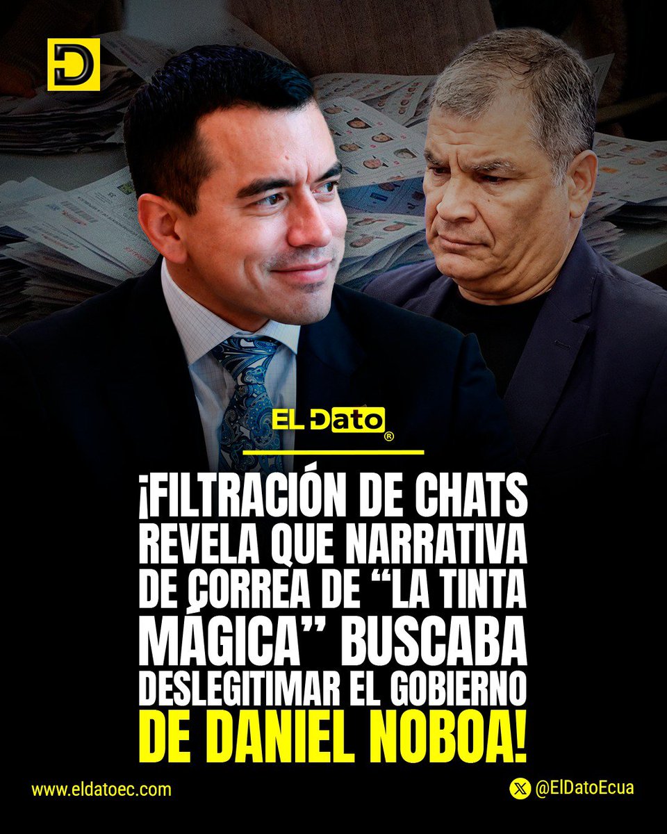ElDatoEcua's tweet photo. #Urgente ¡FILTRACIÓN DE CHATS REVELA QUE NARRATIVA DE CORREA DE "LA TINTA MÁGICA" BUSCABA DESLEGITIMAR EL GOBIERNO DE DANIEL NOBOA!

Una investigación de La Fuente – Periodismo de Investigación reveló presuntos chats que mostrarían una coordinación para impulsar la narrativa de la “tinta mágica” y cuestionar la legitimidad del presidente Daniel Noboa.

Según la publicación, Rafael Correa habría instruido a María Paula Christiansen para difundir el mensaje de que Noboa era un presidente “ilegítimo”, lo que evidenciaría una estrategia política para debilitar al Gobierno desde el inicio de su gestión.

@ElDatoEcua👈

#ElDato #Ecuador #Noboa #Correa