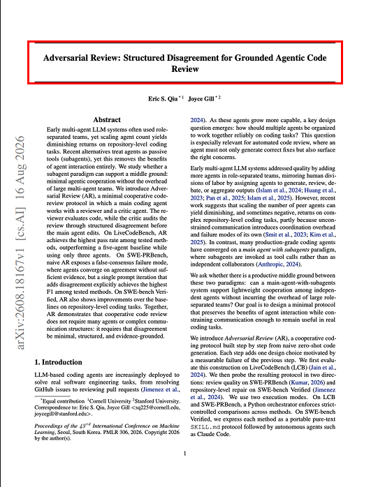 ArchiveExplorer's tweet photo. this is pure f*cking treasure

YOUR REVIEWER AGENT AGREES WITH YOUR CODER FOR NO REASON

two researchers measured it, named it, and fixed it with three lines.

> https://t.co/gIYYKcLV4C

the standard cure for weak agentic review is more agents. it doesn't work: you scale the count, returns drop, and the reviewers start agreeing with each other without evidence. the paper calls it false consensus, and here's how it kills a real bug: a reviewer writes a confident-sounding objection, the critic backs down, the flag gets dropped, the bug ships to prod.

the cure isn't more agents. the critic is forced to end with exactly one of three verdicts:

AGREE
DISAGREE_EVIDENCE: <code citation>
DISAGREE_CONCERN: <epistemic objection>

that's the whole trick. "i disagree" now has to arrive with a line of code that refutes the flag - or say out loud that it has nothing to show.

what three agents did to five:

→ LiveCodeBench: 87% pass rate, +5 pp over the five-agent setup, with 2 reviewer roles against 4
→ on the hard split: 43 of 57 against 39
→ SWE-bench Verified: 75.2% vs 72.6% for the five-agent setup and 71.6% zero-shot, N=500
→ SWE-PRBench: F1 0.533, best in the split - the naive version sat at 0.457 until disagreement was made explicit
→ the honest cost they report themselves: roughly 4.5x more tokens than zero-shot

no code shipped with the paper. it's two prompts and three verdict lines. both prompts verbatim in the reply.

take it 👇