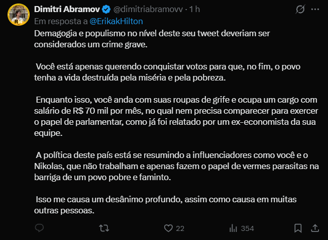 dimitriabramovv's tweet photo. Erika Hilton me bloqueou por causa deste meu comentário.

O que vocês acham? https://t.co/dEUuARu558