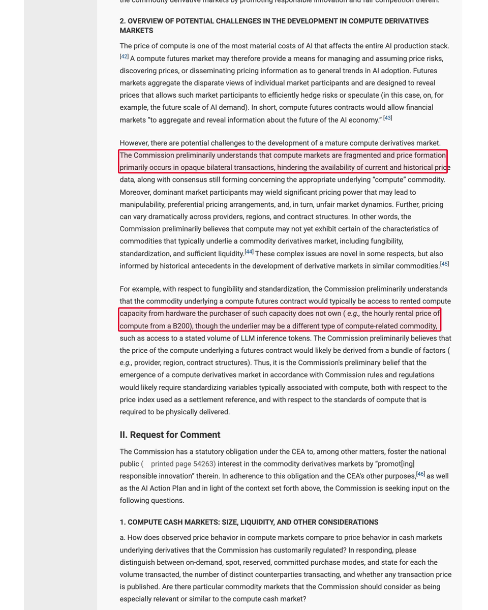 theconvexpayoff's tweet photo. the US futures regulator just asked whether an hour of time on an Nvidia B200 should trade like a barrel of oil.

the CFTC put the question out on Friday and named the underlier: the hourly rental price of compute from a B200, or a stated volume of LLM inference tokens.

its own words on how compute trades today: "fragmented", price formation "primarily occurs in opaque bilateral transactions", private deals "carry the majority of economic value".

the scale, per the paper the CFTC cites: compute installed by end of 2025 throws off $430 billion to $1.3 trillion of service a year, ~1.4% to 4% of US GDP. none of it has a public price.

an exchange does not need the CFTC's permission to act. it can self-certify a compute contract and list it any time. comments close October 20.