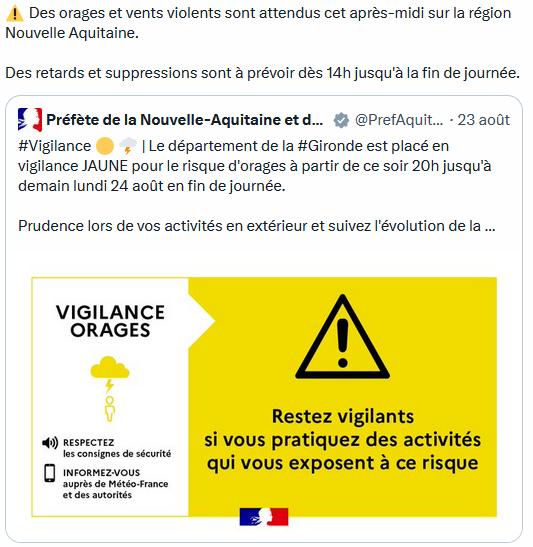 TERNouvelleAQ's tweet photo. Fin de votre session du jour #TERNA 
On se retrouve demain à 6h
N'hésitez pas à consulter la circulation de vos trains via l'appli #SNCFConnect et le site #TERNA https://t.co/24zUgmNTC7
Réda
#Infotrafic #AlerteMétéo ⤵ https://t.co/DH1jmTnubk