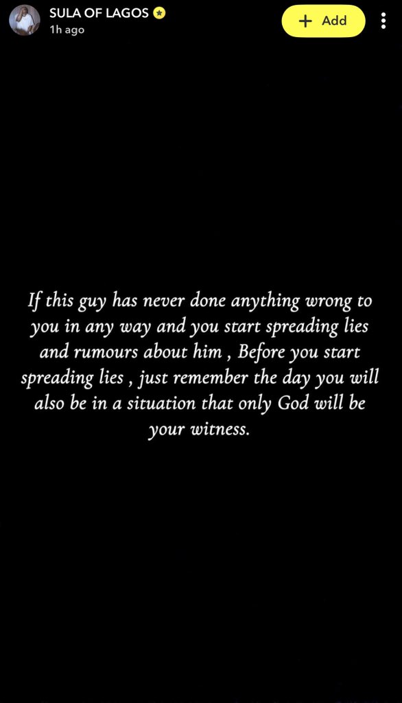 Hybrid_Ola's tweet photo. “If this guy has never done anything wrong to you in any way and you start spreading lies and rumours about him, Before you start spreading lies, just remember the day you will also be in a situation that only God will be your witness”

- Sulaaa speaks up for Poco Lee https://t.co/ma9PBQsVfe