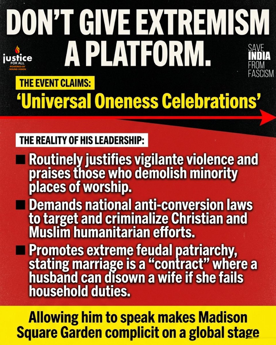 SaveIndiaOrg's tweet photo. 🚨 STOP HATE AT MADISON SQUARE GARDEN! 🚨

On August 29, 2026, Madison Square Garden is scheduled to host Mohan Bhagwat, chief of the RSS, for an event marketed as “Universal Oneness Celebrations.”

👉 Take action: https://t.co/vO7yBxRj4F https://t.co/2TQbM9Mv6l