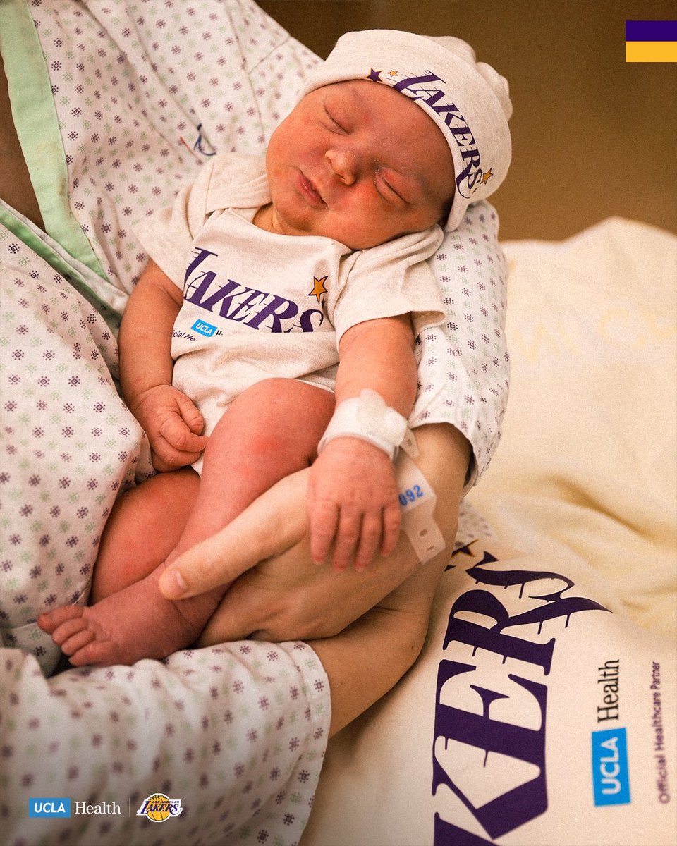 Lakers's tweet photo. The most wholesome Lakers welcome has made its way from Los Angeles to Slovenia. Babies born this week are going home repping the Lakers with special care packages thanks to @UCLAHealth 💜💛 https://t.co/qhAQSQcJI0