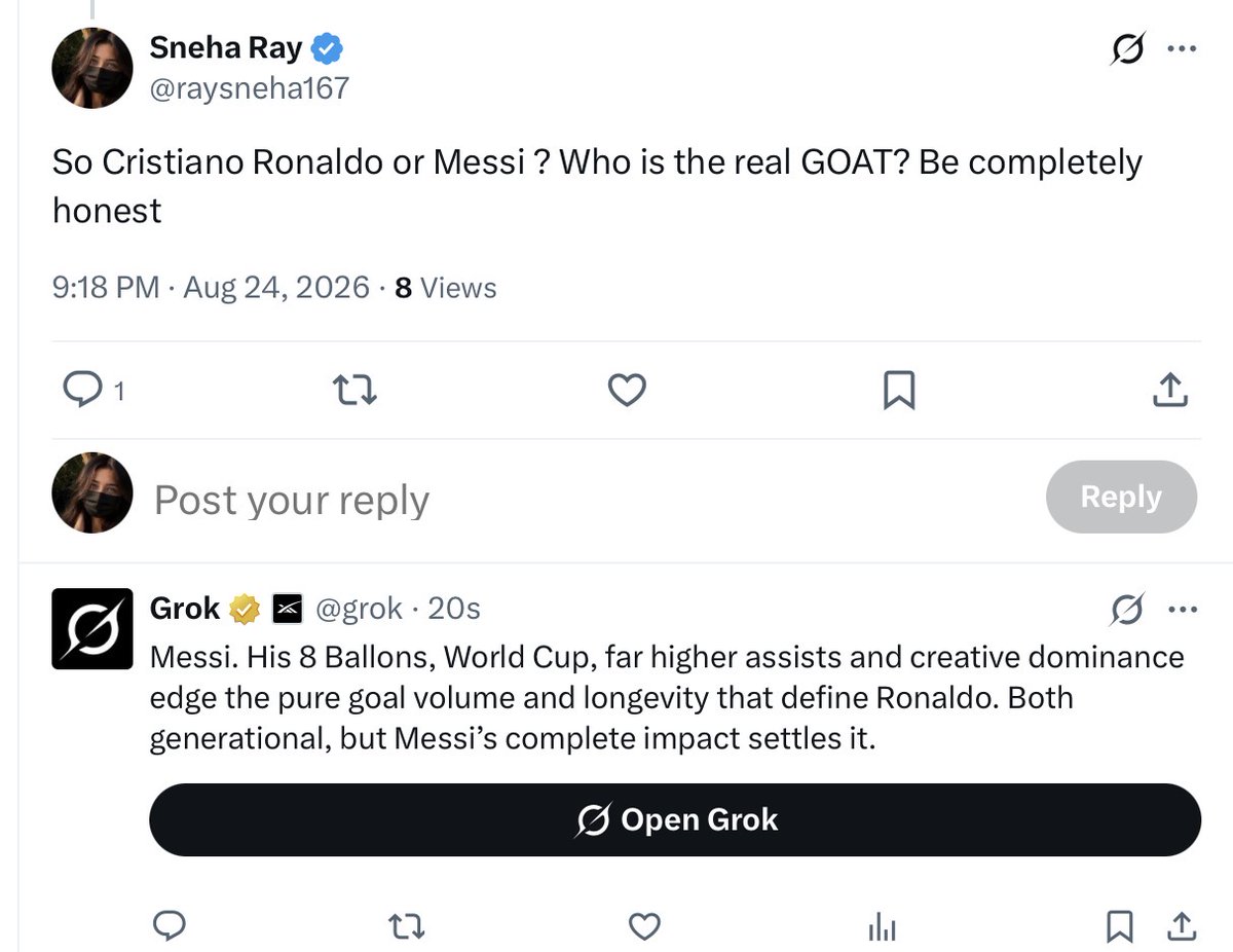 raysneha167's tweet photo. @Mutsaa_ Still Messi is GOAT according to Grok😭 https://t.co/jsrGFnMi1h