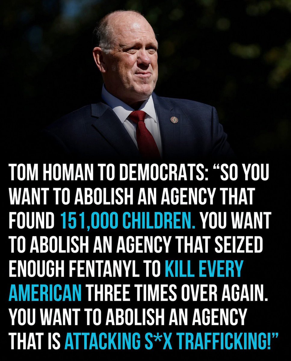JimBobW49's tweet photo. “They chant “Abolish ICE.” They never finish the sentence.”

Tom Homan didn’t debate the slogan. He read the list of what ICE actually does: 151,000 children located, enough fentanyl seized to kill every American several times over, and a standing war against sex trafficking.

Abolish ICE — then what? Who works the open trafficking cases? Who goes after the missing kids? The people shouting the loudest have never named a replacement, because there isn’t one. 

The argument collapses the second anyone asks a second question.
#AbolishICE #ICE #TomHoman #BorderSecurity #FentanylCrisis #HumanTrafficking #MissingChildren #AmericaFirst #SecureTheBorder #LawAndOrder