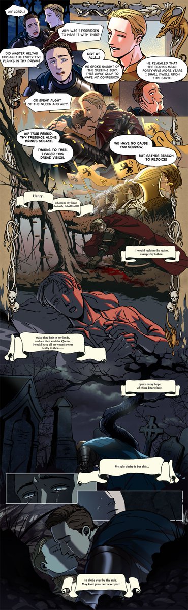 Tamatama_01121's tweet photo. #Hansry 
@eun06240_gukbab 
@KCD_buttrumpet 
This is a Hansry AU inspired by Lancelot and the Lord of the Distant Isles: Or, the Book of Galehaut Retold.
Please imagine Henry as Lancelot, and Hans as Galehaut.  

I also wanted to share this celebratory illustration for the "Tale of the Two Knights" Book Club! 🥰💖
The comic is available in English, Chinese, and Korean!✨