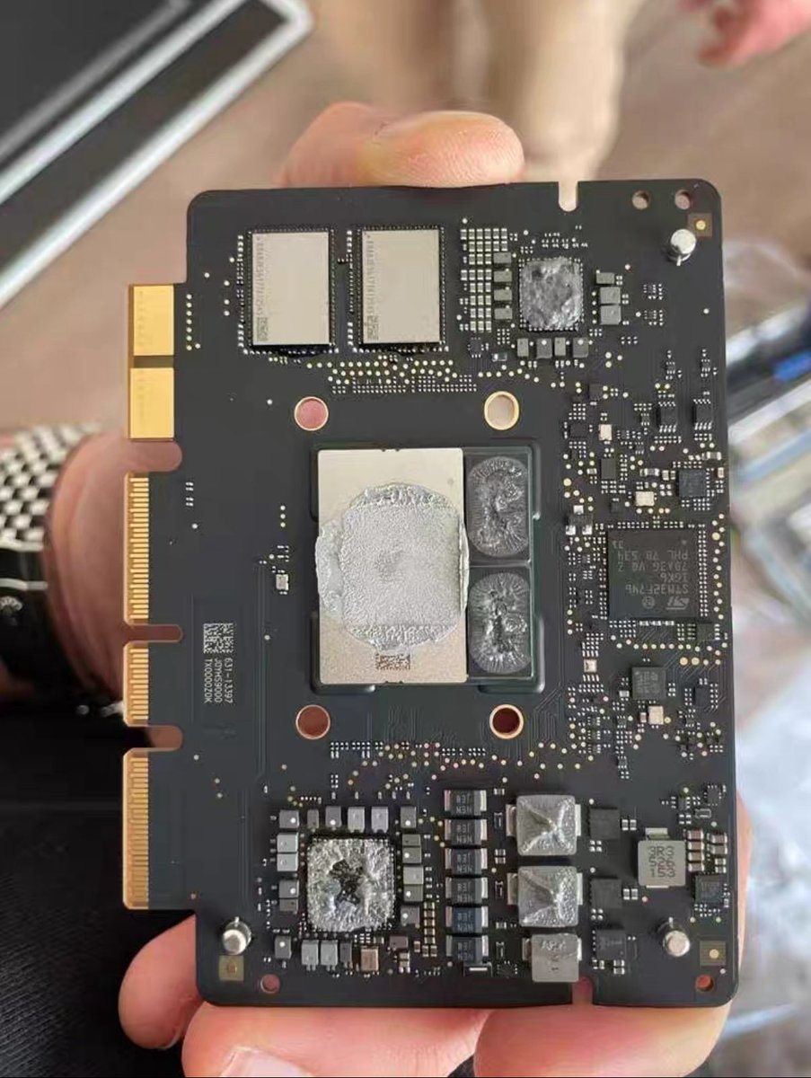 IntCyberDigest's tweet photo. Images have appeared online of what seems to be Apple's Private Cloud Compute: hardware built around official Apple M5 silicon on custom PCBs.

Visible in the photos are Apple's custom heat spreaders, Apple Part Numbers (APNs) on the service diagrams, and a modular blade/chassis design optimized for densely packing multiple low-power M5 chips for AI inference workloads. 

Apple has reportedly been deploying M5 chips in its PCC infrastructure  (skipping the M3/M4 generations for better efficiency and performance) which makes these a rare look inside the actual server units.

According to the poster, all of this hardware is orchestrated by a Mac Studio.

Source: @hsuchingpo