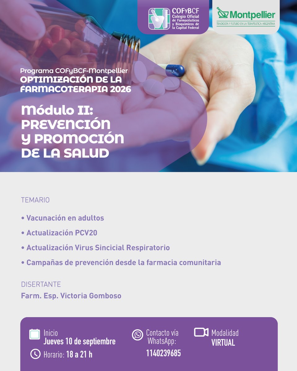 cofybcf's tweet photo. | PROGRAMA COFYBCF - MONTPELLIER |
Optimización de la farmacoterapia 2026

Inicio: Jueves 27 de agosto📅
💸Aranceles:
| Colegiados COFYBCF y Estudiantes de F y B: ‼️NO ARANCELADO‼️
| No colegiados: $80.000
| Extranjeros: USD 80

🔗Inscribite en este link: https://t.co/pXNCAz9D5q https://t.co/gVQ72j851c