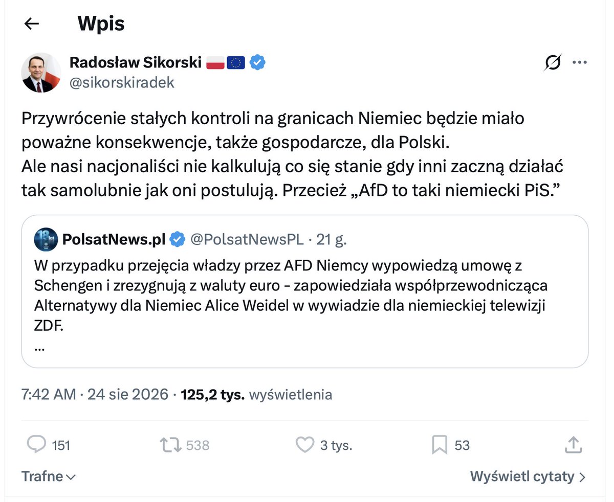 cezarygmyz's tweet photo. Nie mówicie Radkowi, że na granicy z Niemcami mamy w praktyce stałą kontrolę przez cały okres rządów obecnej koalicji. Nie. Nie wprowadziła jej AfD. Tylko CDU i SPD https://t.co/PJy5Aab4Qn